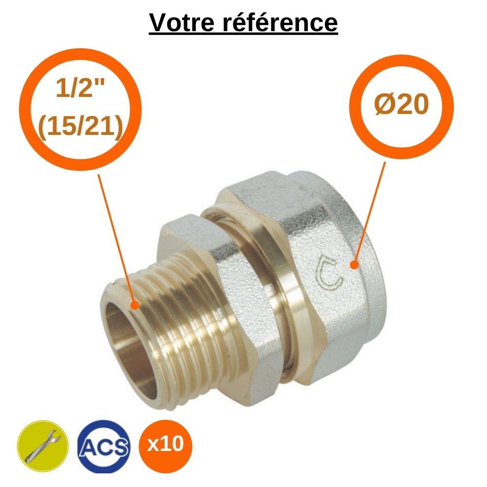 Lot de 10 raccords multicouche droits à compression Ø20 - mâle 1/2'' (15/21) - Somatherm