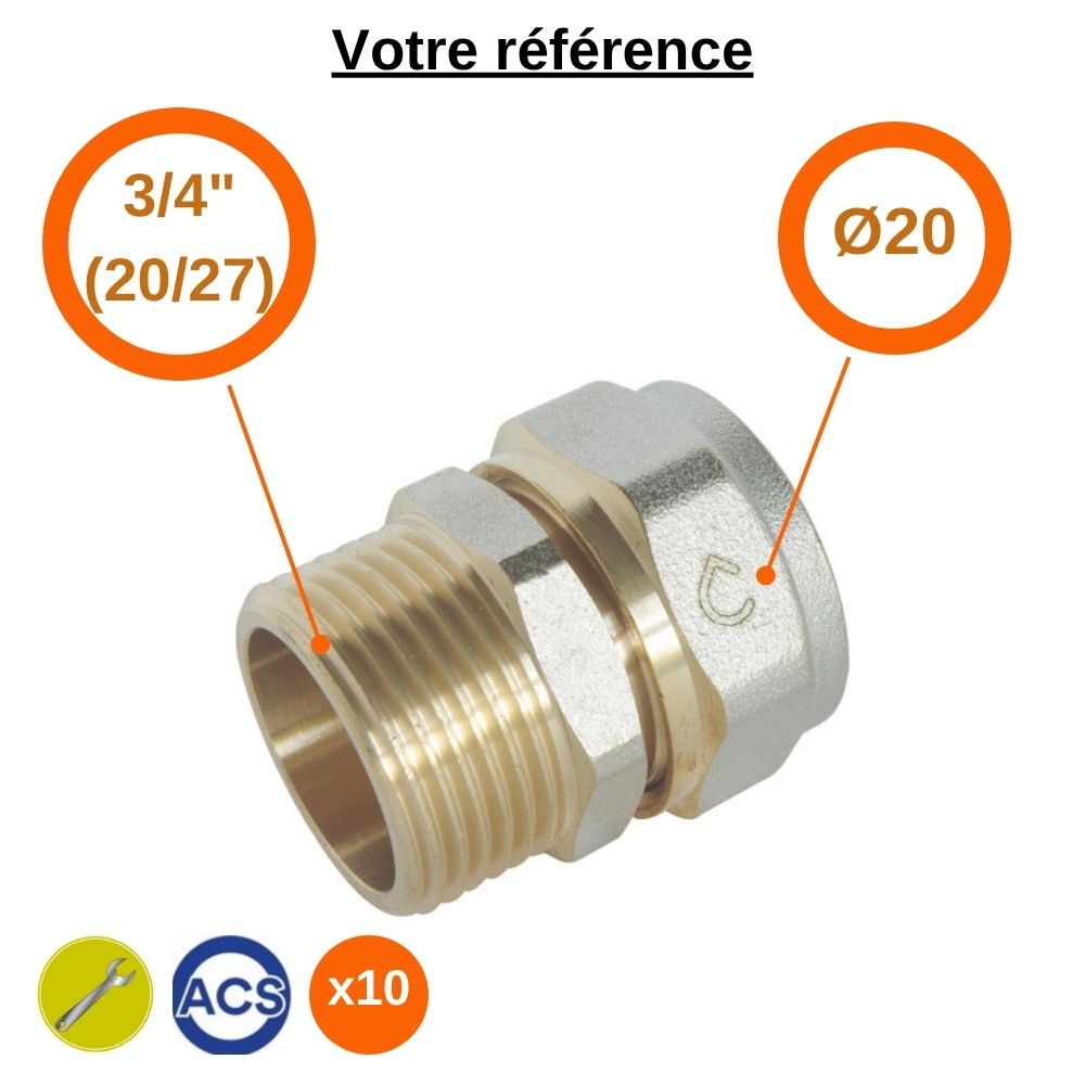 Lot de 10 raccords multicouche droits à compression Ø20 - mâle 3/4'' (20/27) - Somatherm