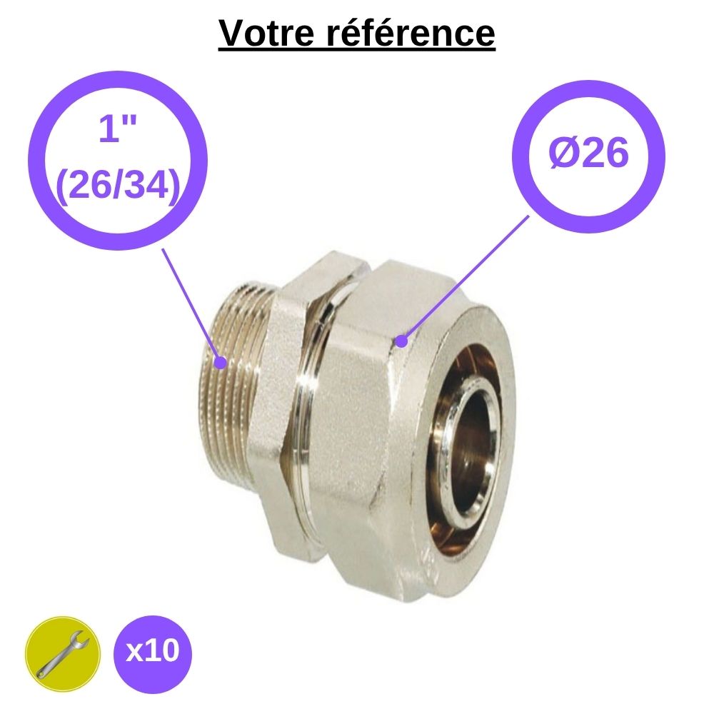 Lot de 10 raccords multicouche droits à compression Ø26 - mâle 1'' (26/34) - Somatherm