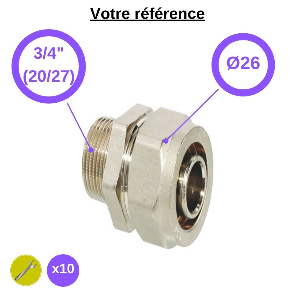 Lot de 10 raccords multicouche droits à compression Ø26 - mâle 3/4'' (20/27) - Somatherm