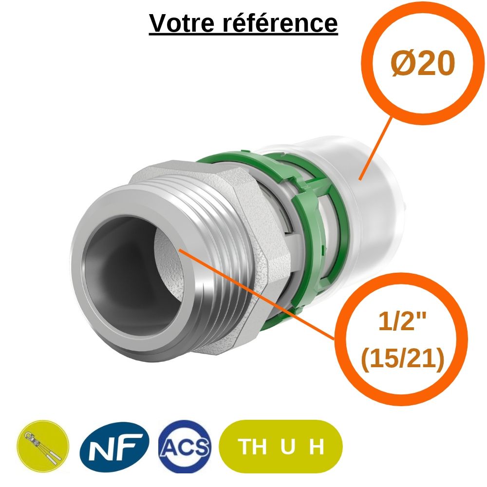 Lot de 10 raccords multicouche droits à sertir Ø20 - mâle 1/2'' (15/21) - Comap
