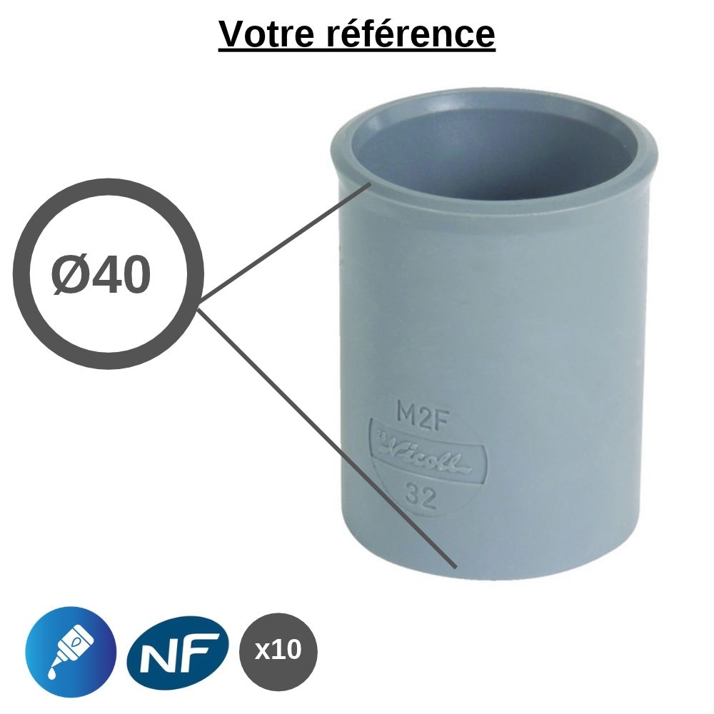 Lot de 10 manchons PVC à coller, Ø40 - double femelle, pour évacuation - Nicoll