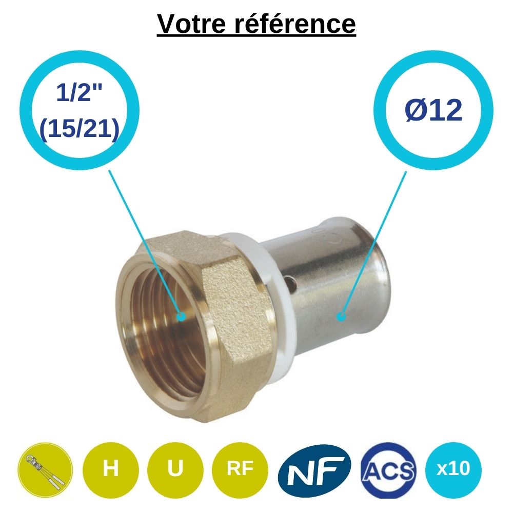 Lot de 10 raccords PER droits à sertir Ø12 - écrou tournant femelle 1/2'' (15/21) - Somatherm