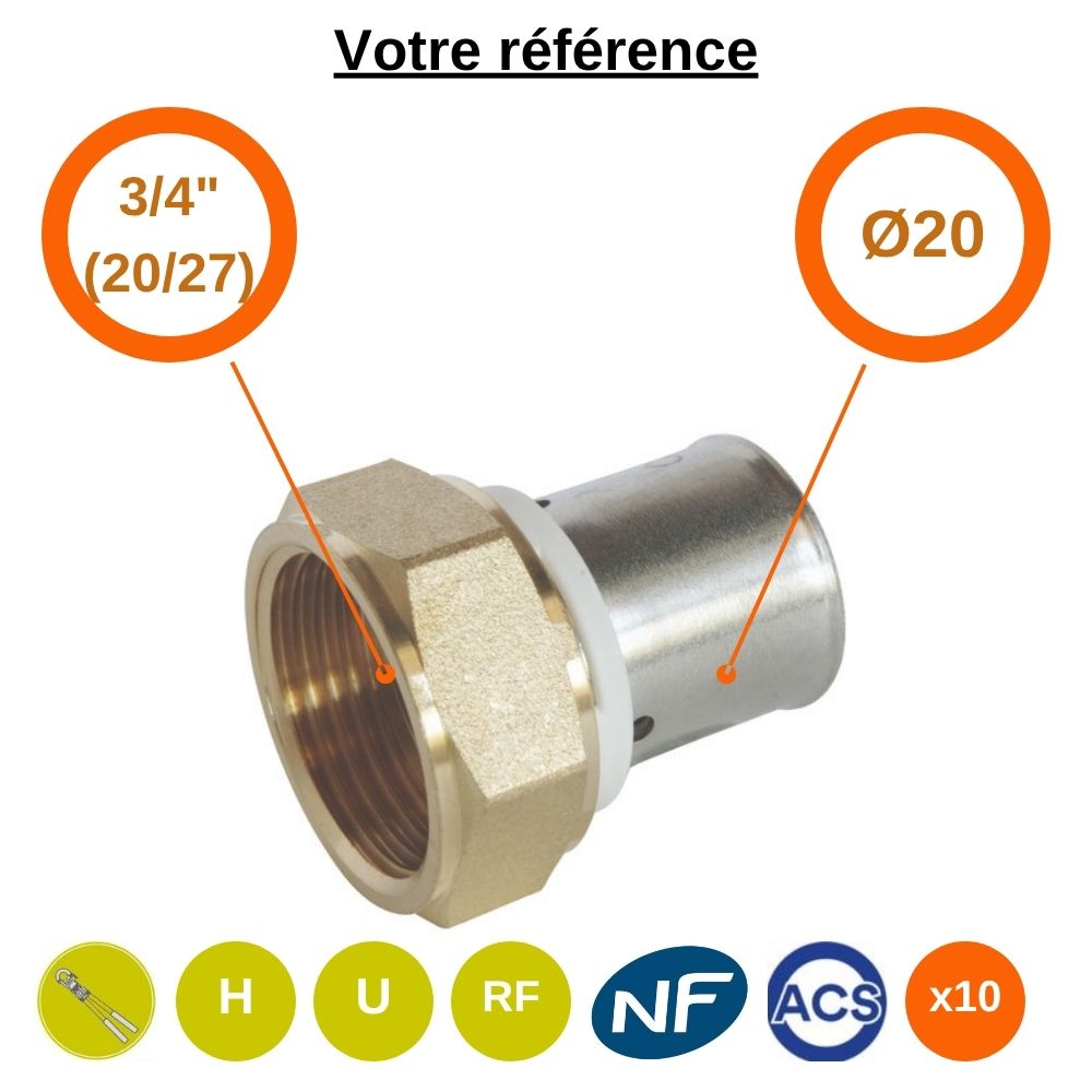 Lot de 10 raccords PER droits à sertir Ø20 - écrou tournant femelle 3/4'' (20/27) - Somatherm