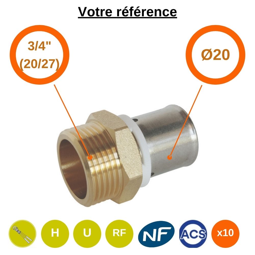 Lot de 10 raccords PER droits à sertir Ø20 - mâle 3/4'' (20/27) - Somatherm