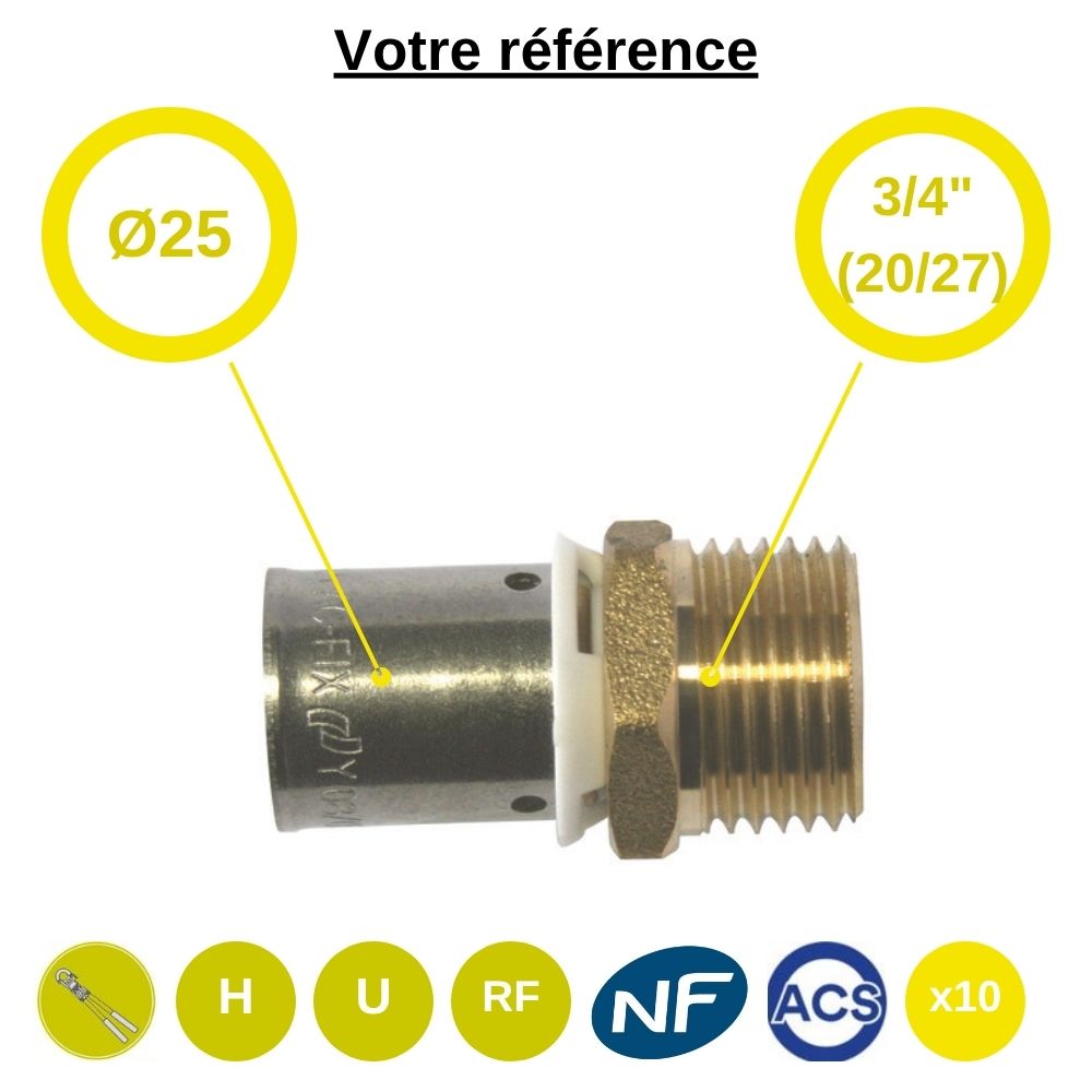 Lot de 10 raccords PER droits à sertir Ø25 - mâle 3/4'' (20/27) - Somatherm