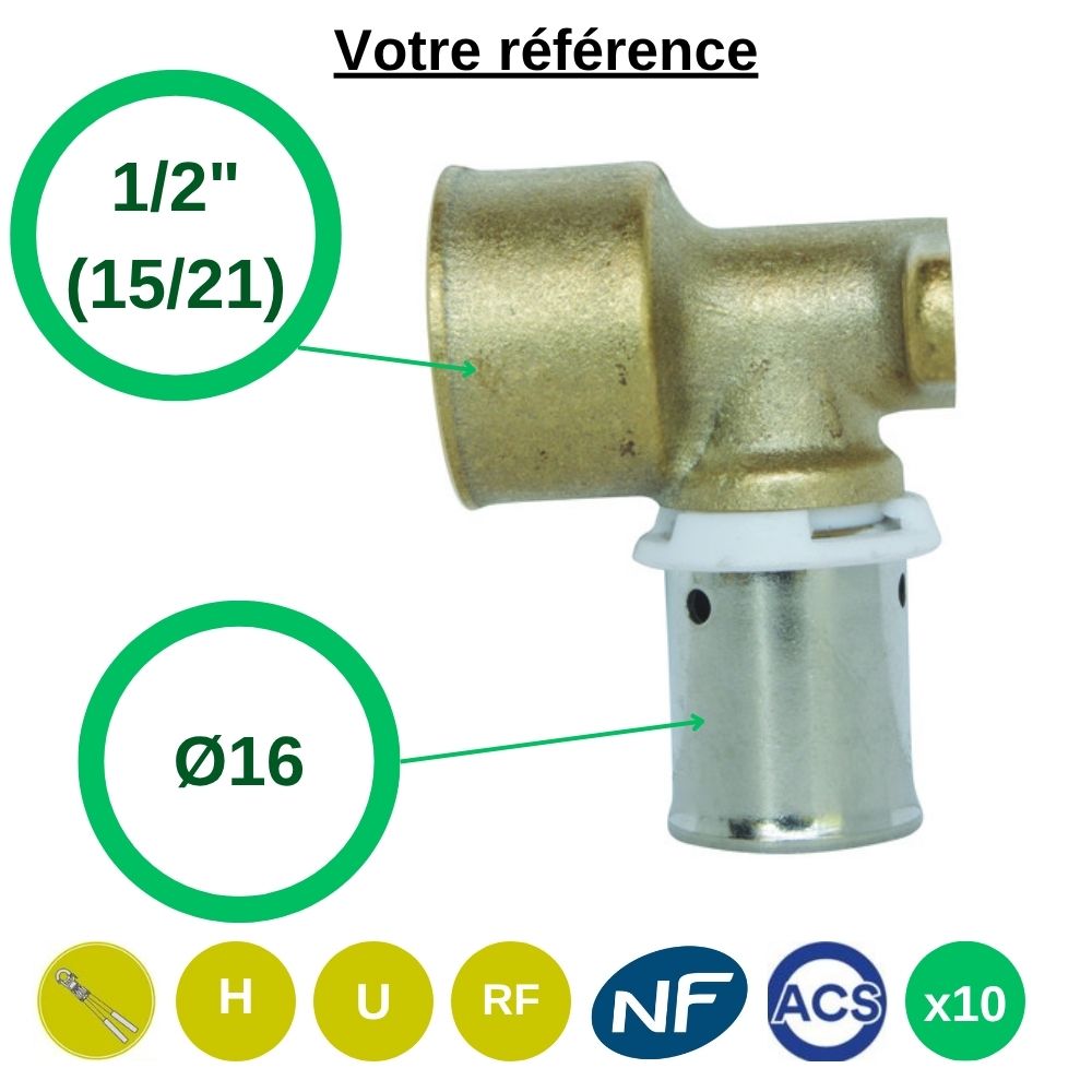 Lot de 10 coudes appliques PER à sertir Ø16 - femelle 1/2'' (15/21) - Somatherm