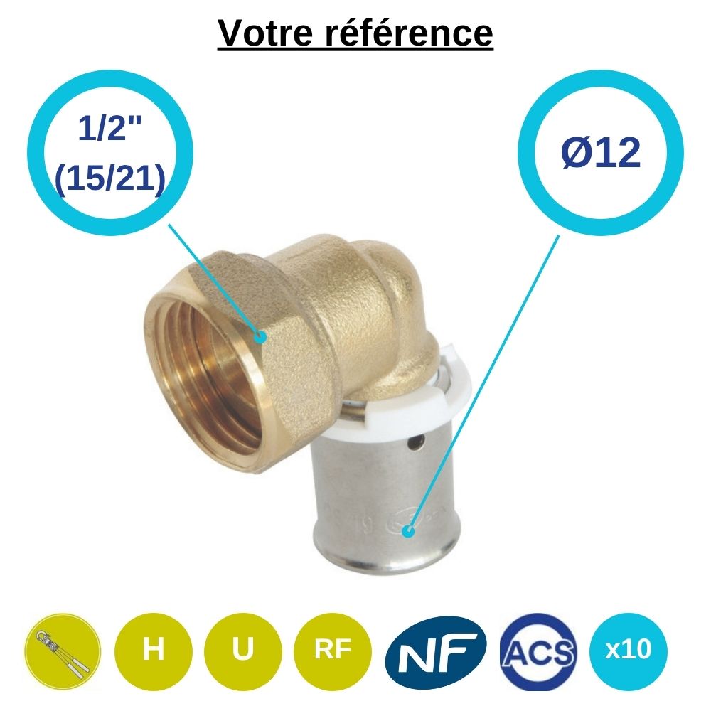 Lot de 10 coudes femelles à sertir PER Ø12 - écrou tournant femelle 1/2'' (15/21) - Somatherm