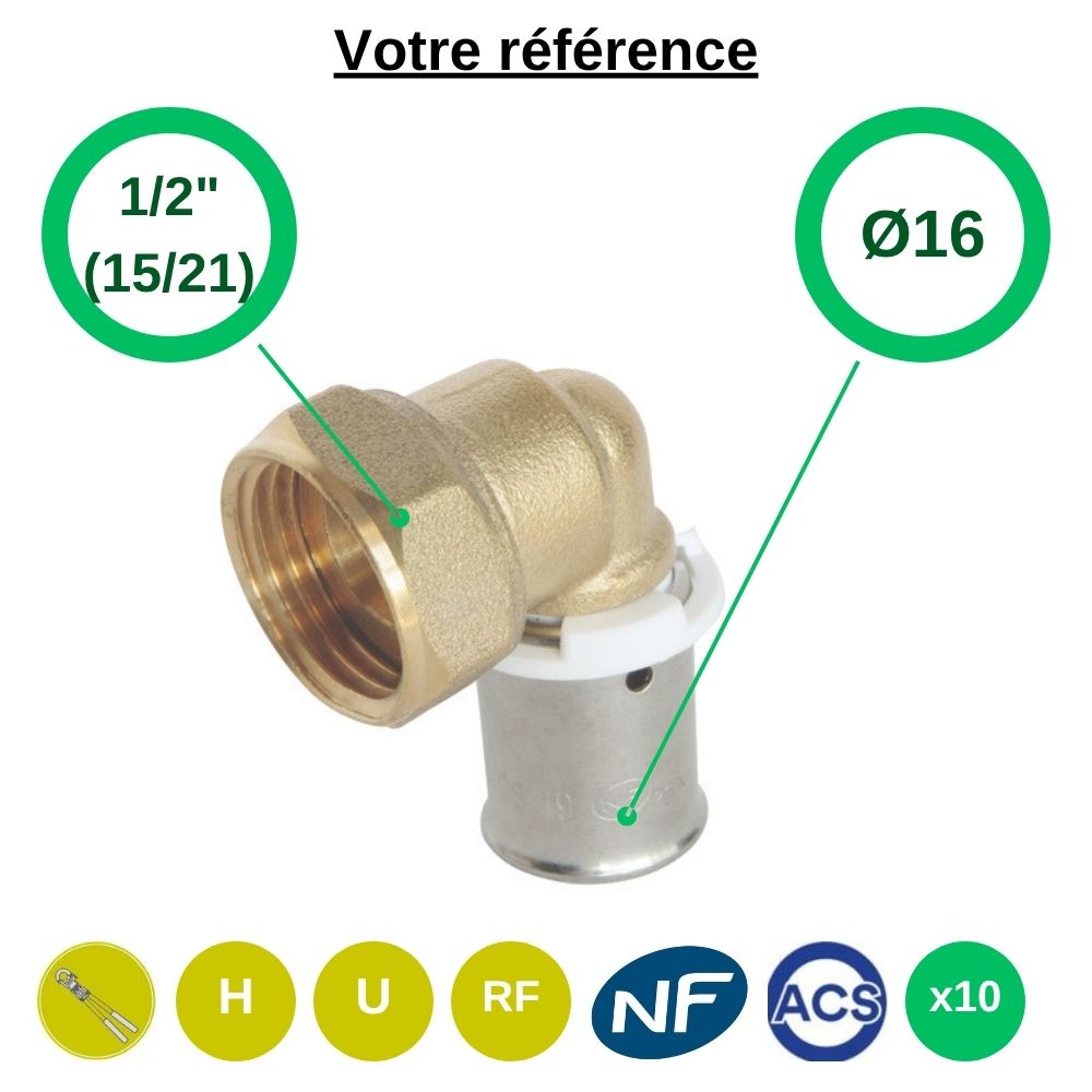 Lot de 10 coudes femelles à sertir PER Ø16 - écrou tournant femelle 1/2'' (15/21) - Somatherm