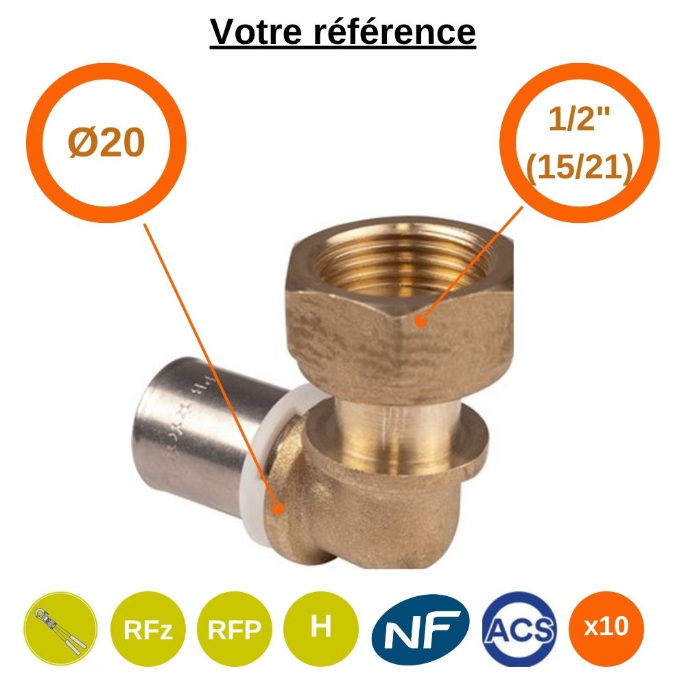 Lot de 10 coudes femelles à sertir PER Ø20 - écrou tournant femelle 1/2'' (15/21)