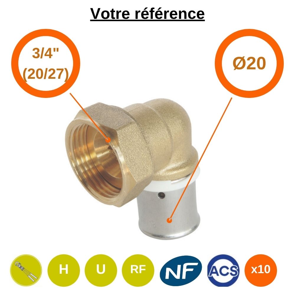 Lot de 10 coudes femelles à sertir PER Ø20 - écrou tournant femelle 3/4'' (20/27) - Somatherm