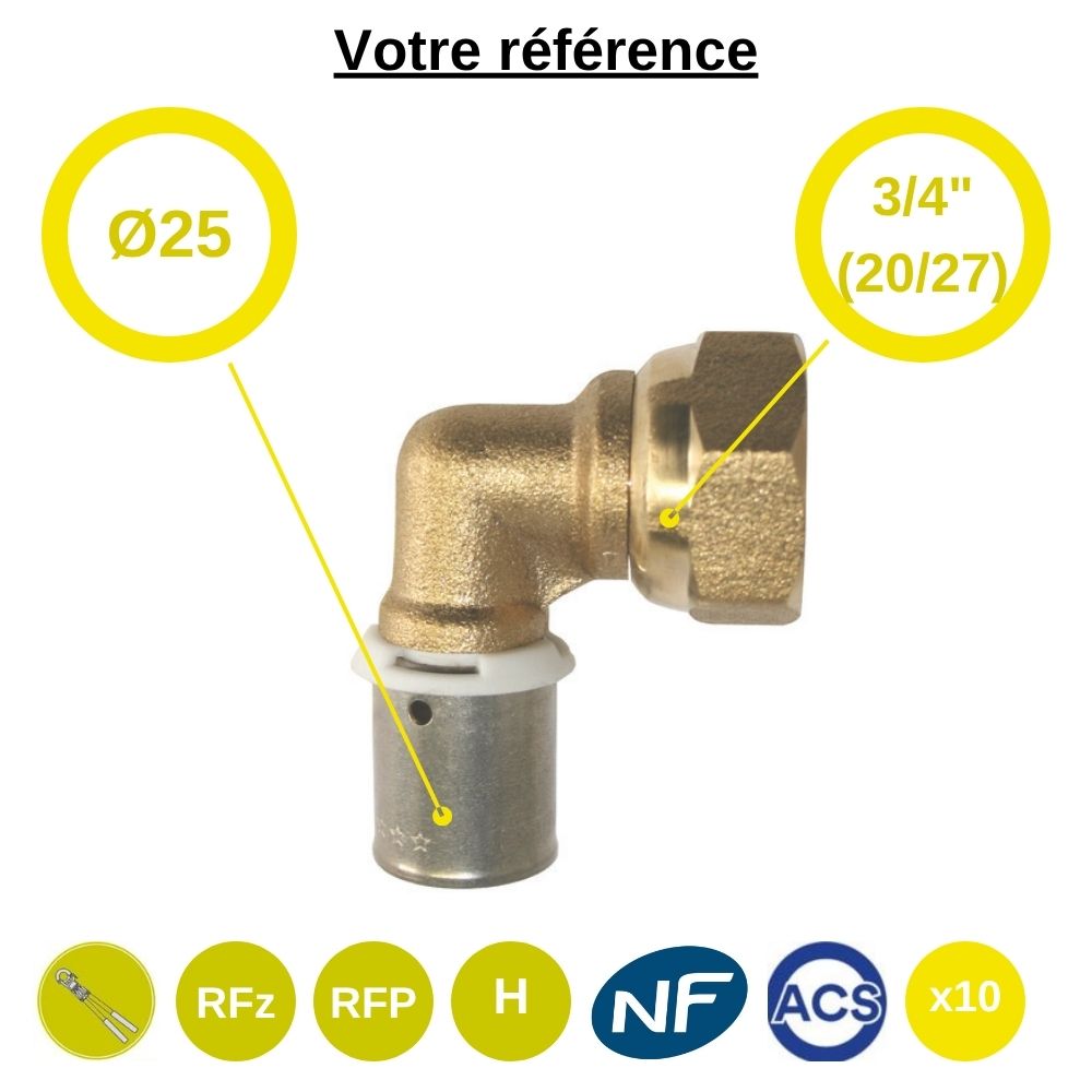 Lot de 10 coudes femelles à sertir PER Ø25 - écrou tournant femelle 3/4'' (20/27)