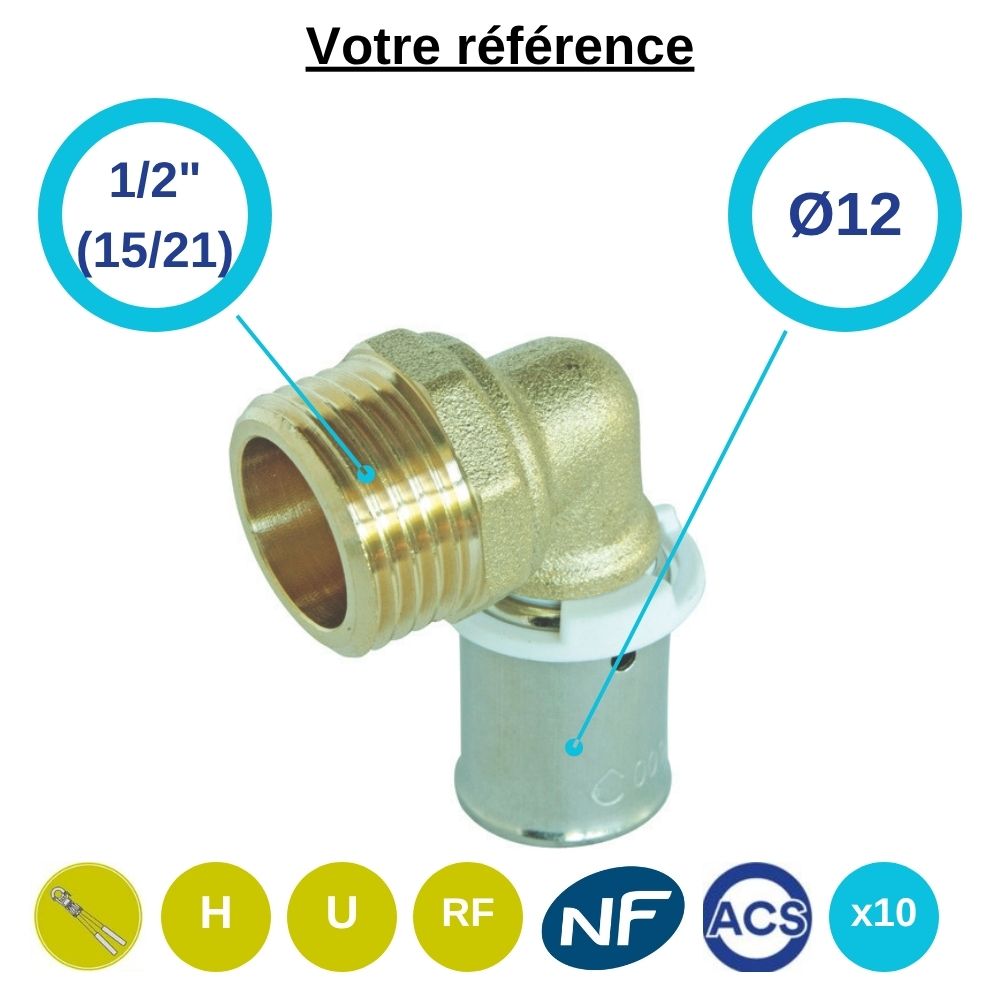 Lot de 10 coudes mâles à sertir PER Ø12 - mâle 1/2'' (15/21) - Somatherm