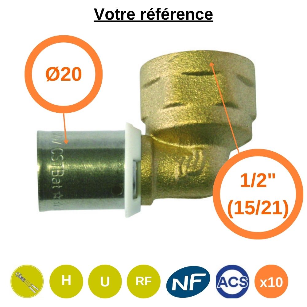 Lot de 10 coudes femelles à sertir PER Ø20 - femelle 1/2'' (15/21) - Somatherm