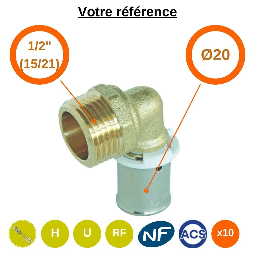 Lot de 10 coudes mâles à sertir PER Ø20 - mâle 1/2'' (15/21) - Somatherm