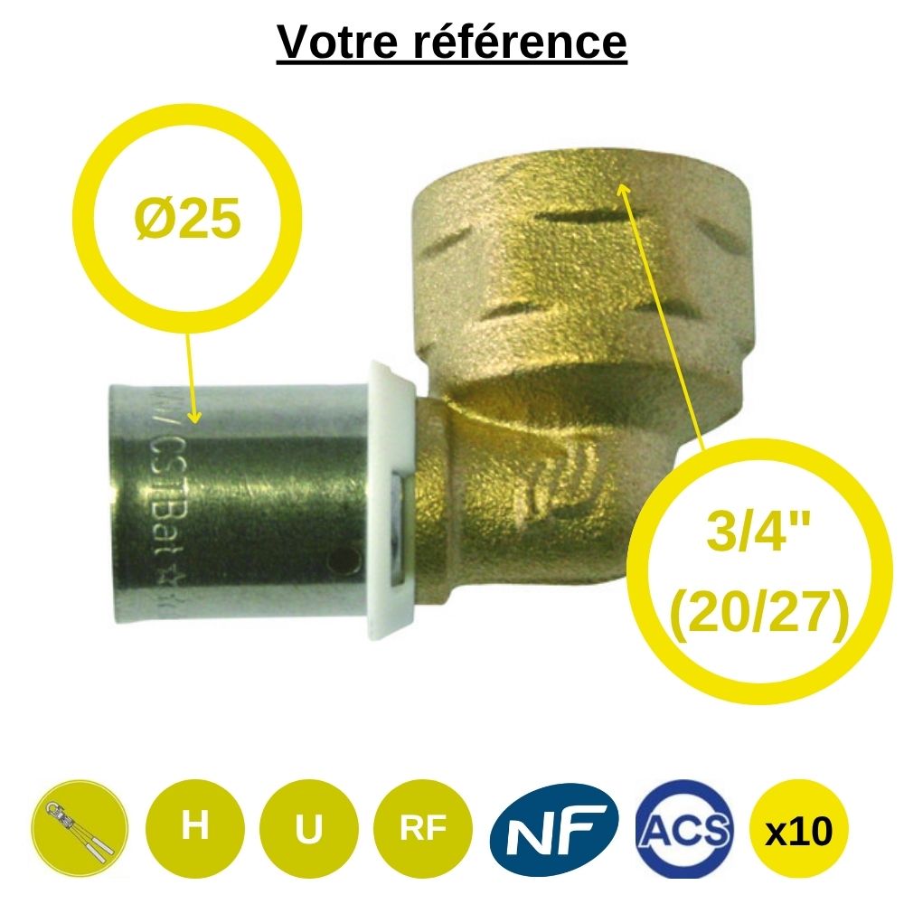 Lot de 10 coudes femelles à sertir PER Ø25 - femelle 3/4'' (20/27) - Somatherm