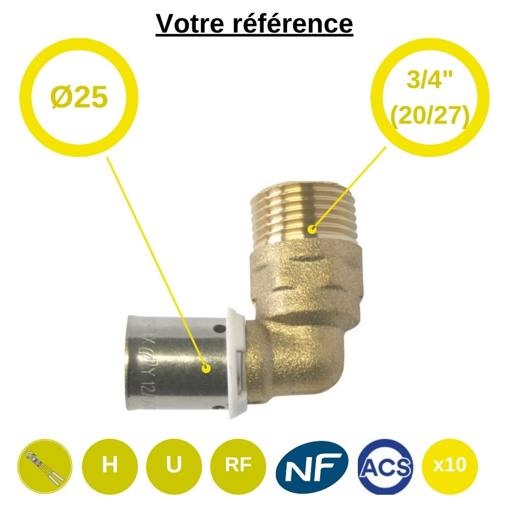 Lot de 10 coudes mâles à sertir PER Ø25 - mâle 3/4'' (20/27) - Somatherm