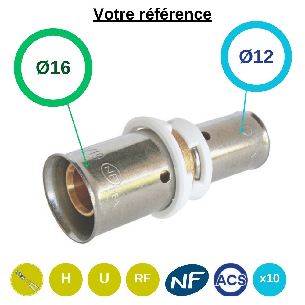 Lot de 10 raccords union PER à sertir - droit réduit Ø16-Ø12 - Somatherm