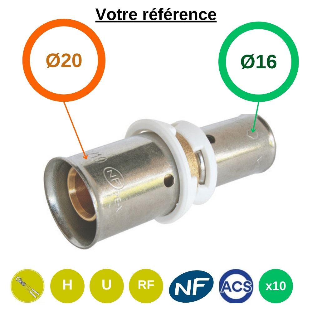 Lot de 10 raccords union PER à sertir - droit réduit Ø20-Ø16 - Somatherm