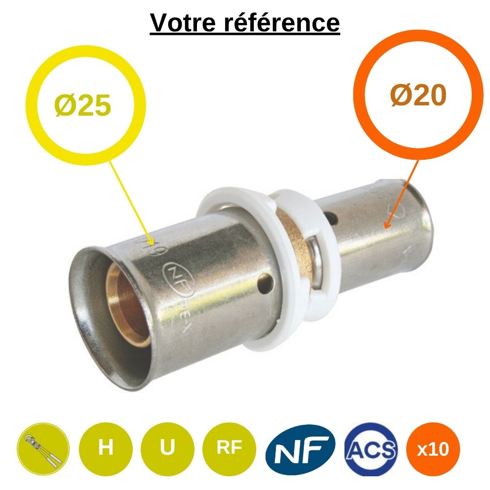 Lot de 10 raccords union PER à sertir - droit réduit Ø25-Ø20 - Somatherm
