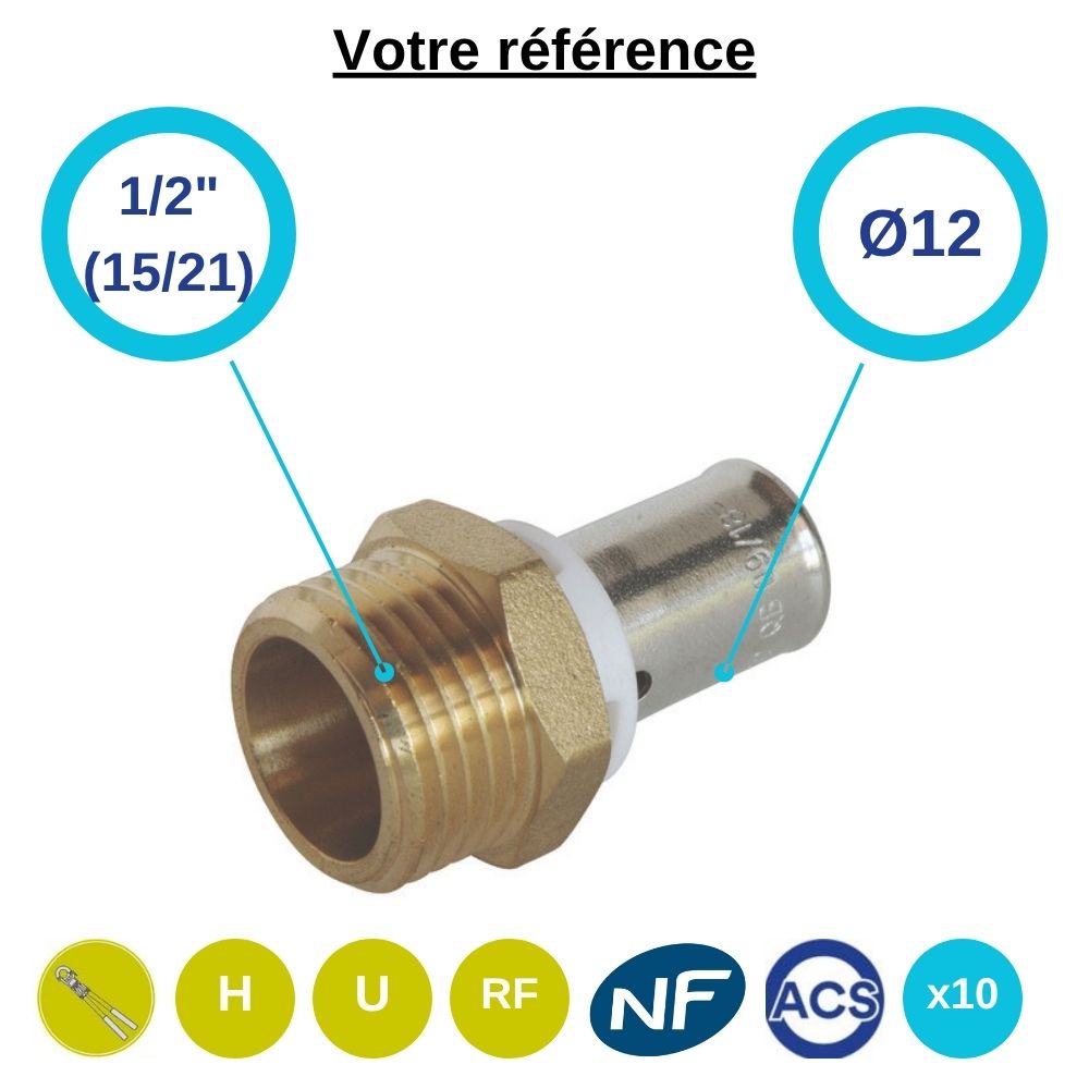 Lot de 10 raccords PER droits à sertir Ø12 - mâle 1/2'' (15/21) - Somatherm