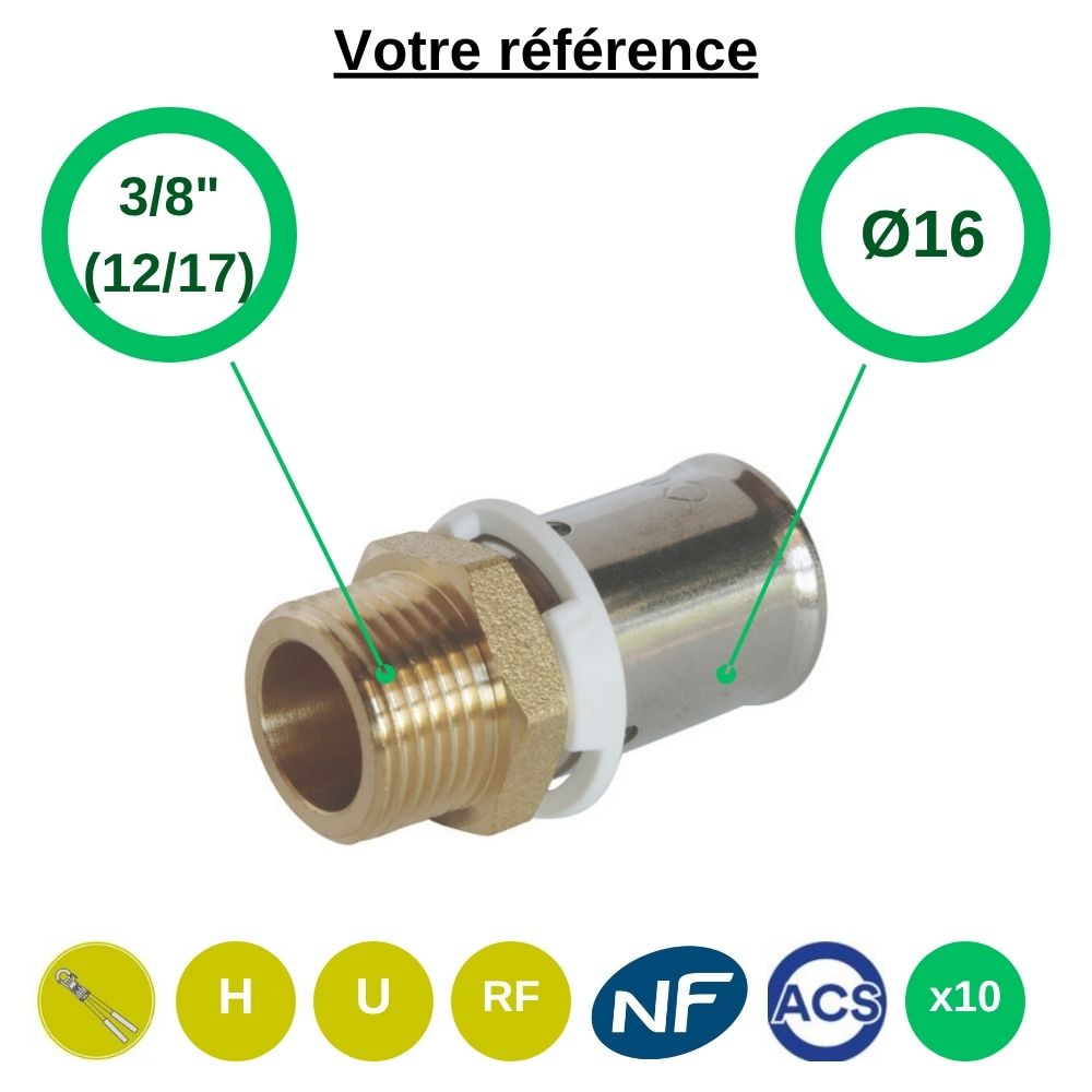 Lot de 10 raccords PER droits à sertir Ø16 - mâle 3/8'' (12/17) - Somatherm
