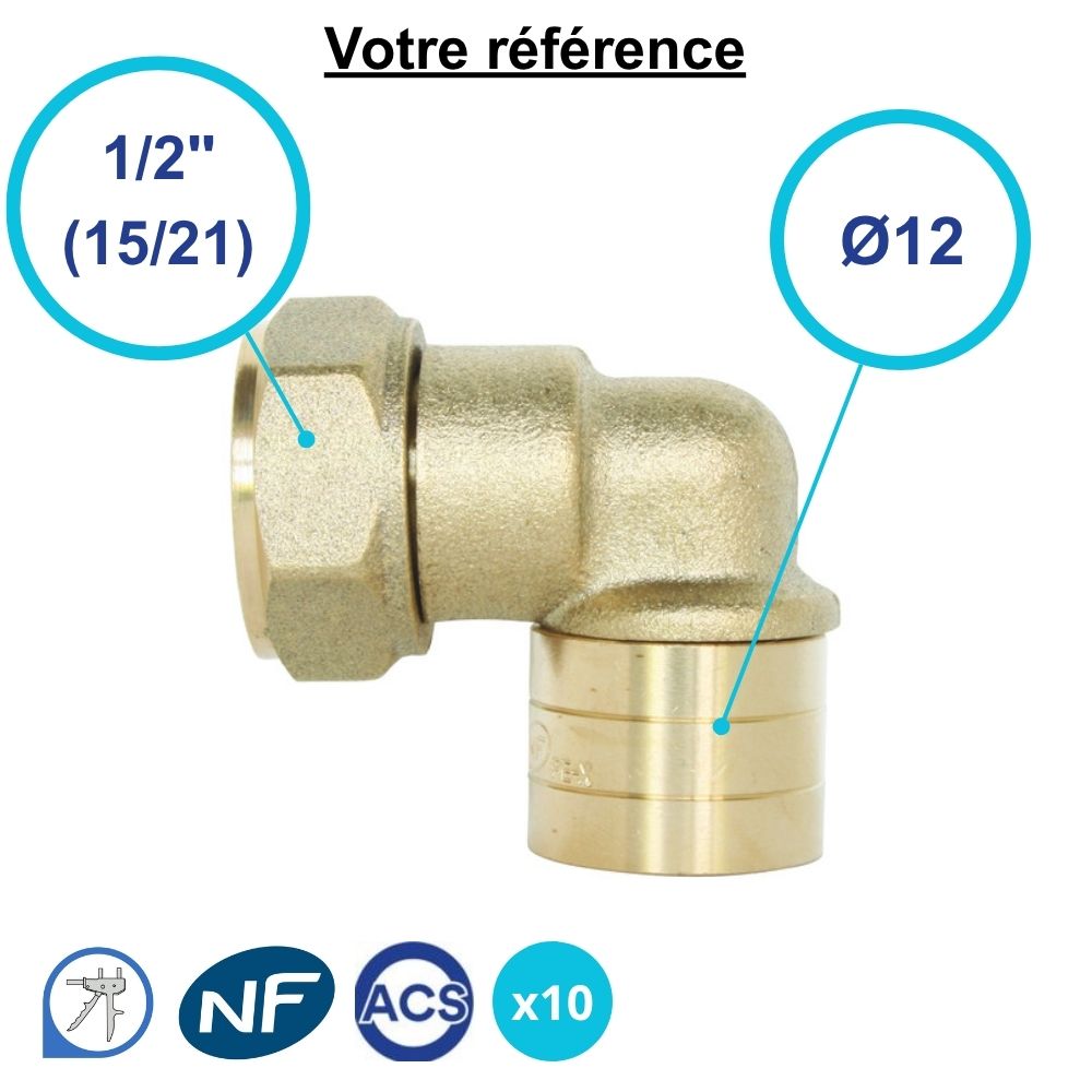 Lot de 10 coudes femelles à glissement PER Ø12 - écrou tournant femelle 1/2'' (15/21) - Somatherm