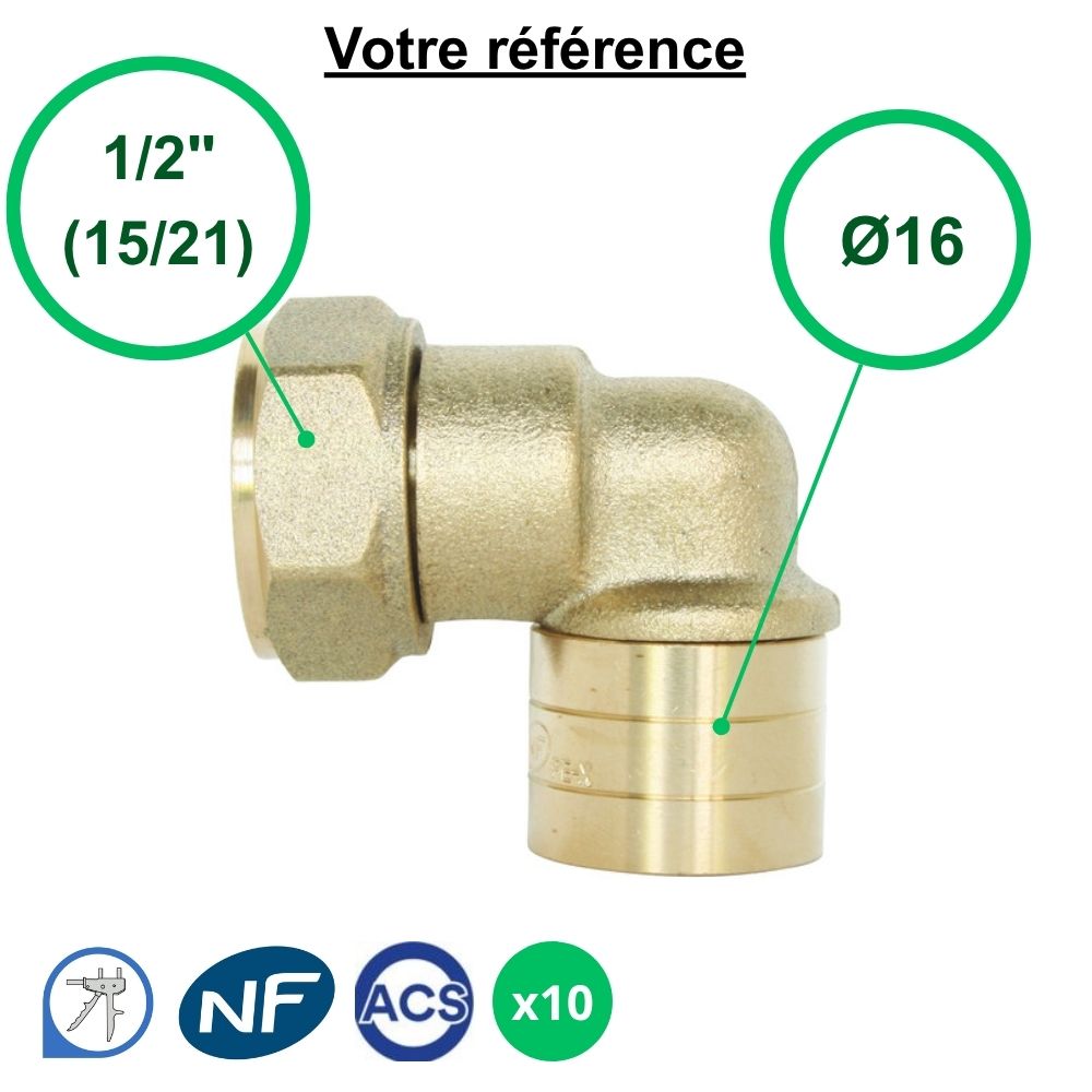 Lot de 10 coudes femelles à glissement PER Ø16 - écrou tournant femelle 1/2'' (15/21) - Somatherm