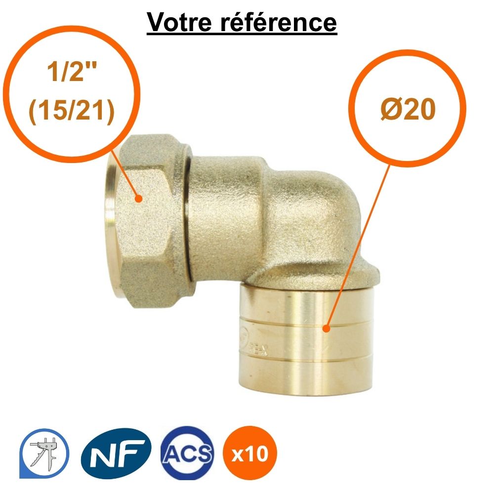 Lot de 10 coudes femelles à glissement PER Ø20 - écrou tournant femelle 1/2'' (15/21) - Somatherm