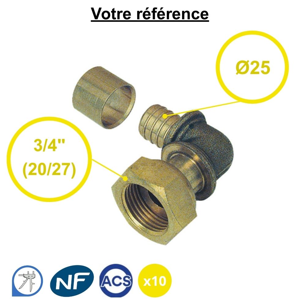 Lot de 10 coudes femelles à glissement PER Ø25 - écrou tournant femelle 3/4''(20/27) - Somatherm