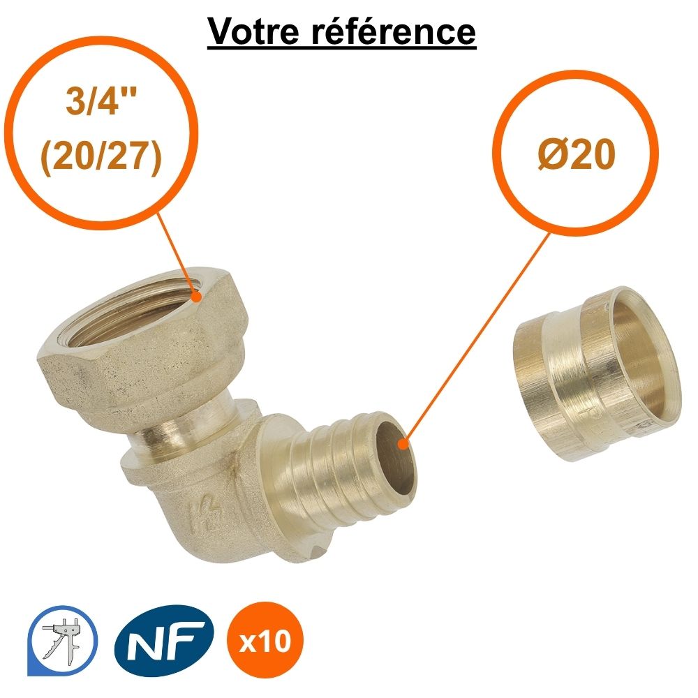 Lot de 10 coudes femelles à glissement PER Ø20 - écrou tournant femelle 3/4''(20/27) - Somatherm