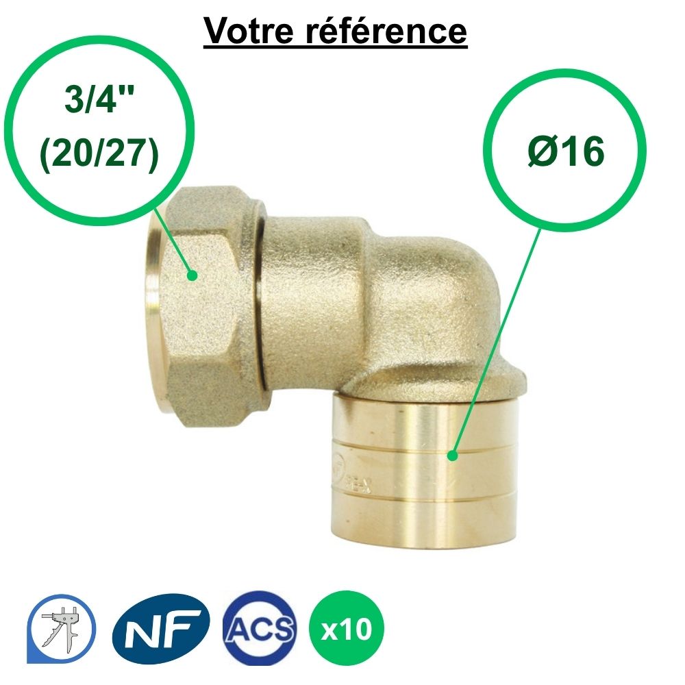 Lot de 10 coudes femelles à glissement PER Ø16 - écrou tournant femelle 3/4''(20/27) - Somatherm
