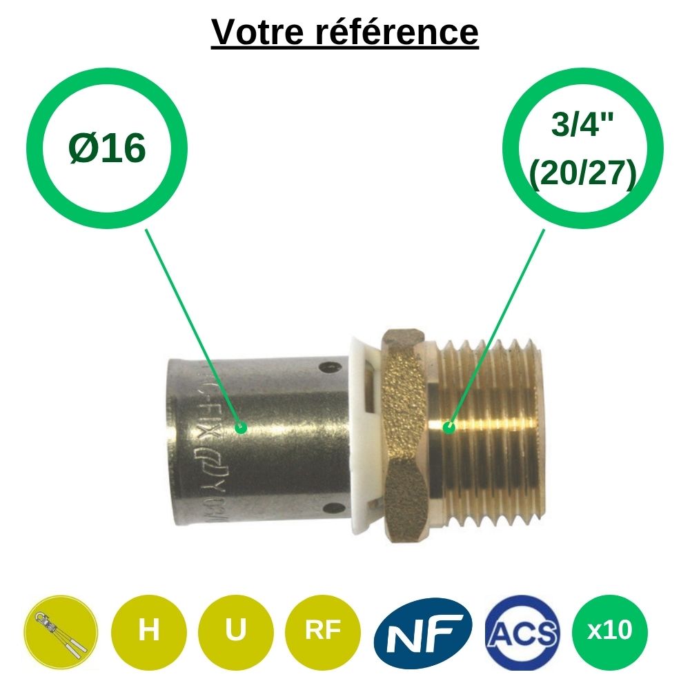 Lot de 10 raccords PER droits à sertir Ø16 - mâle 3/4'' (20/27) - Somatherm
