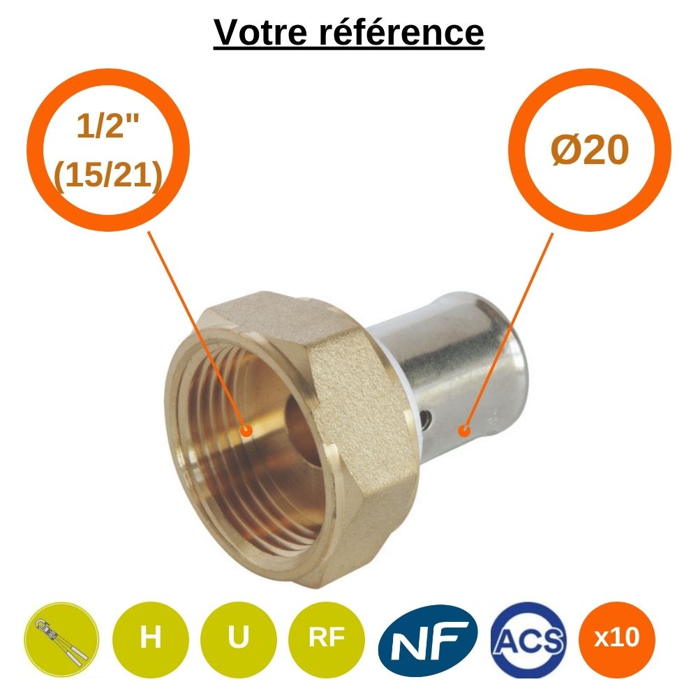 Lot de 10 raccords PER droits à sertir Ø20 - écrou tournant femelle 1/2'' (15/21) - Somatherm
