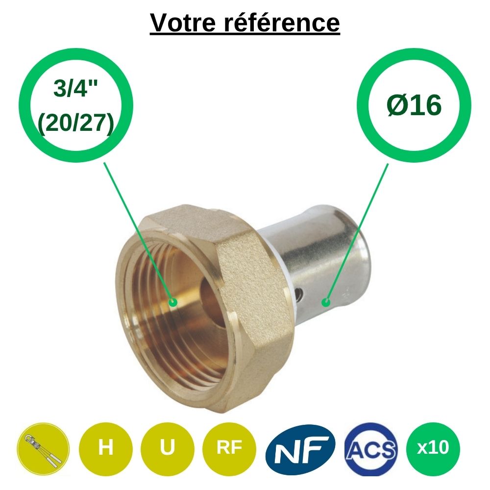 Lot de 10 raccords PER droits à sertir Ø16 - écrou tournant femelle 3/4'' (20/27) - Somatherm