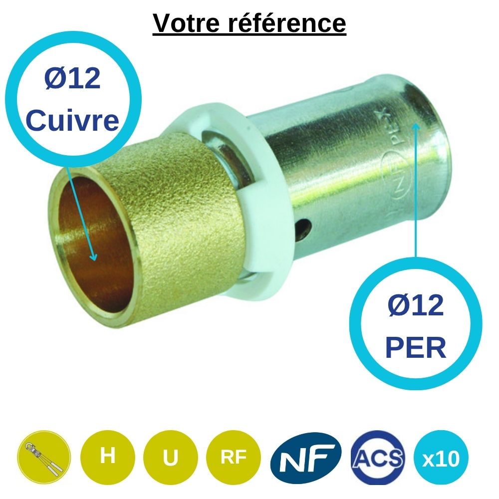 Lot de 10 - Somatherm raccords union PER mixte à sertir - droit égal PER et cuivre Ø12 - Somatherm