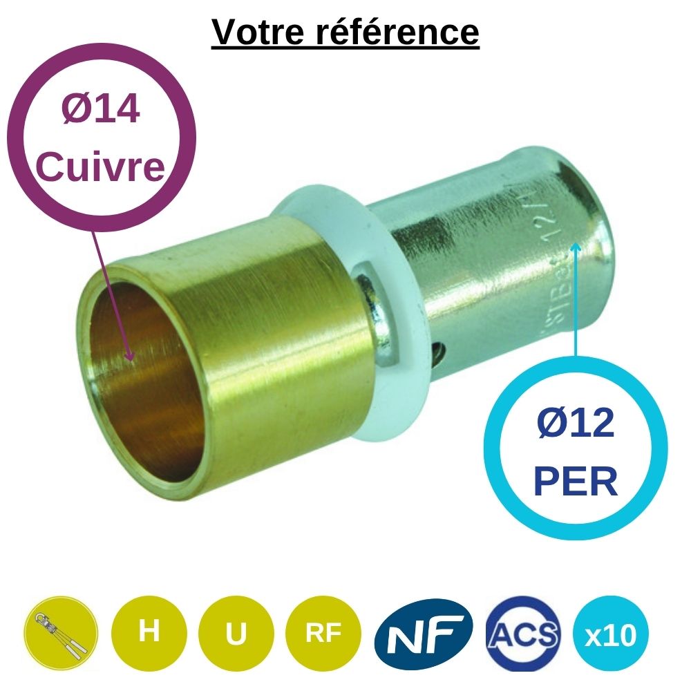Lot de 10 - Somatherm raccords union PER mixte à sertir - droit réduit cuivre Ø14 et PER Ø12 - Somatherm