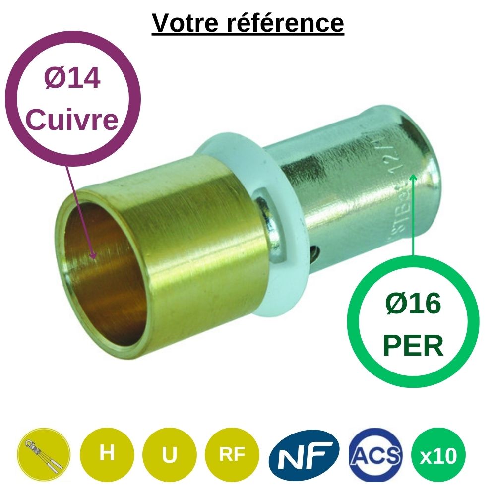 Lot de 10 - Somatherm raccords union PER mixte à sertir - droit réduit PER Ø16 et cuivre Ø14 - Somatherm