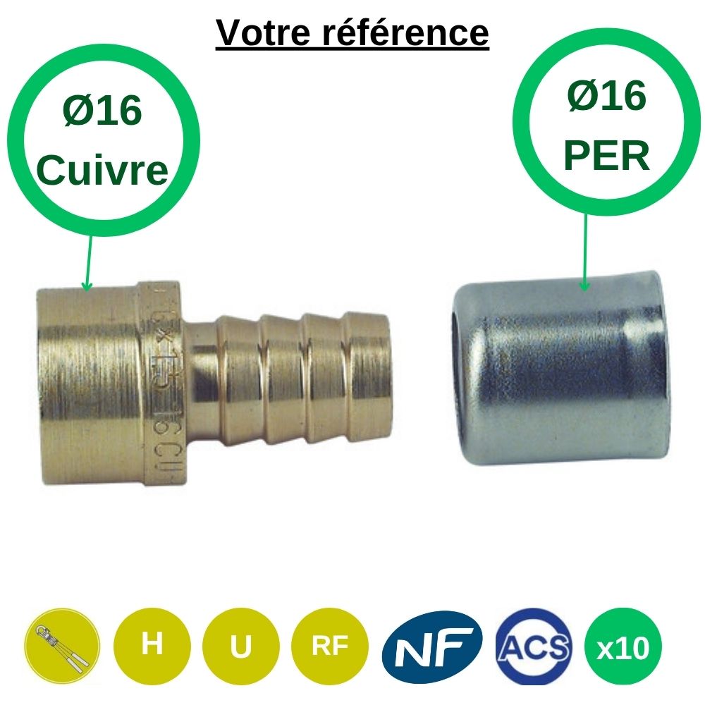 Lot de 10 - Somatherm raccords union PER mixte à sertir - droit égal PER et cuivre Ø16 - Somatherm