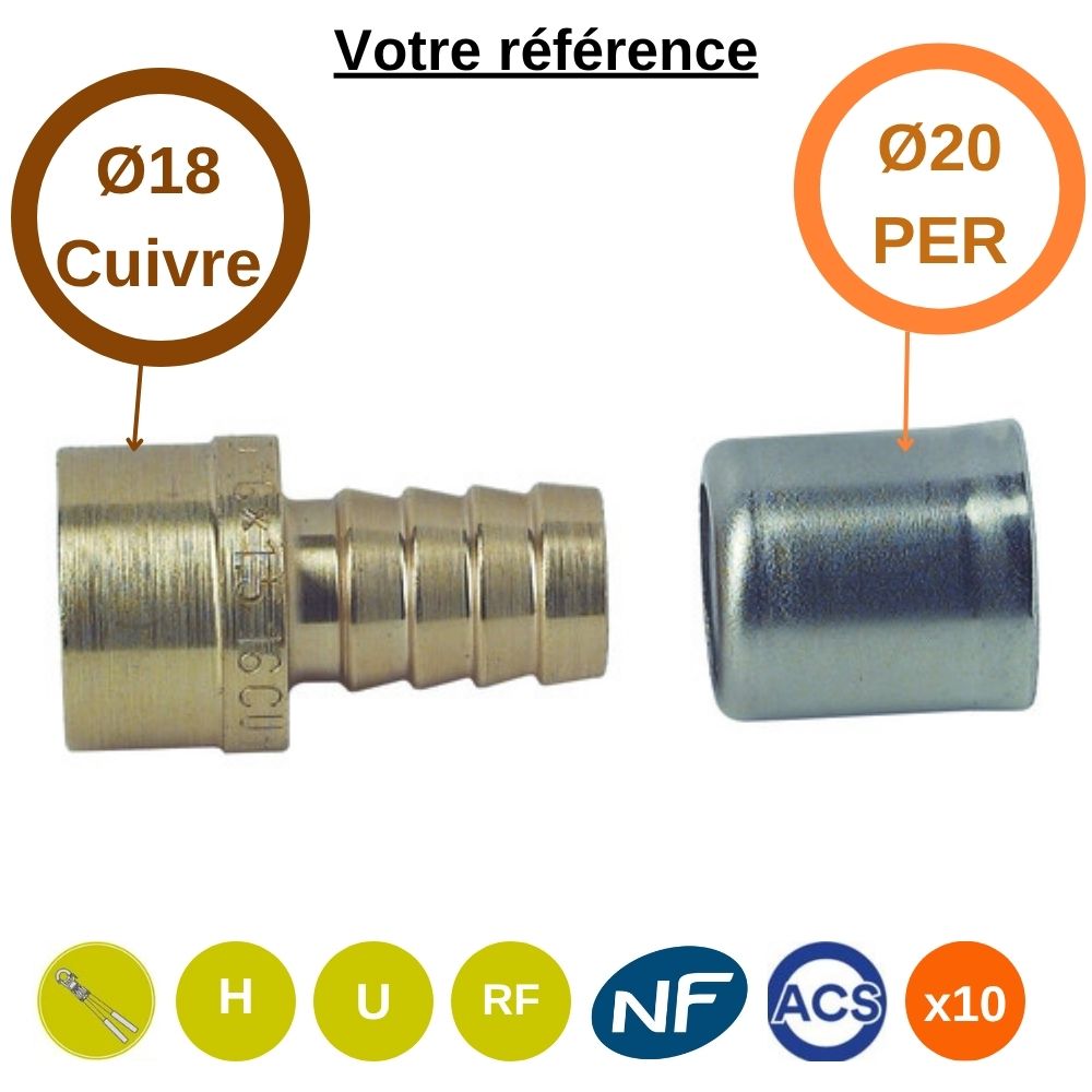 Lot de 10 - Somatherm raccords union PER mixte à sertir - droit réduit PER Ø20 et cuivre Ø18 - Somatherm