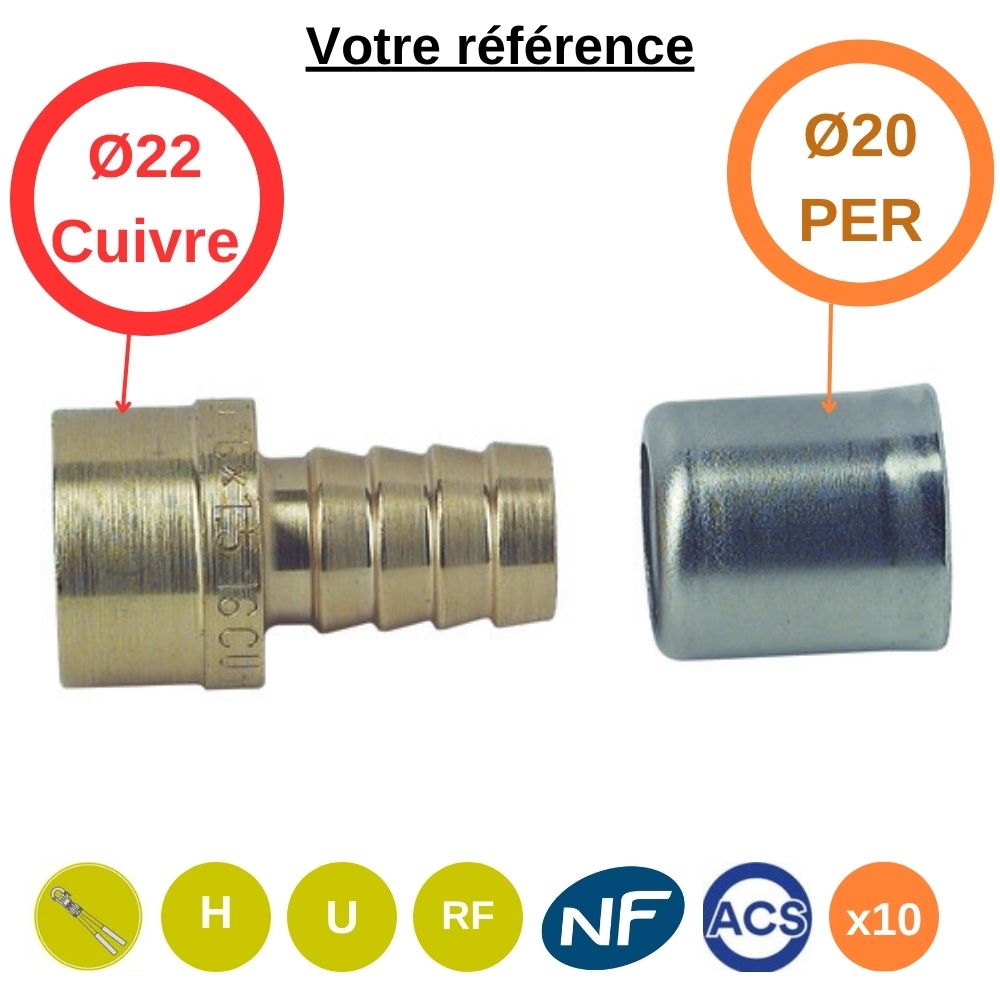 Lot de 10 - Somatherm raccords union PER mixte à sertir - droit réduit cuivre Ø22 et PER Ø20 - Somatherm