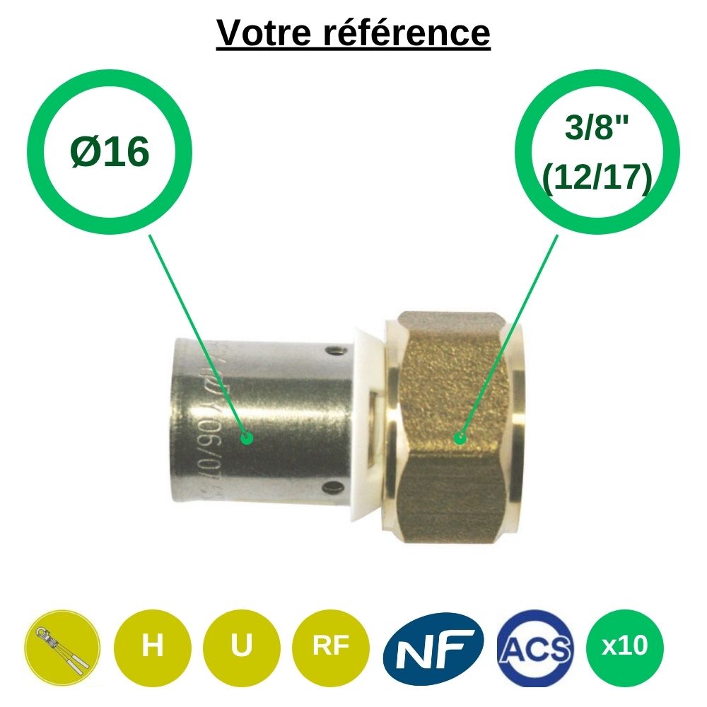 Lot de 10 raccords PER droits à sertir Ø16 - écrou tournant femelle 3/8'' (12/17) - Somatherm