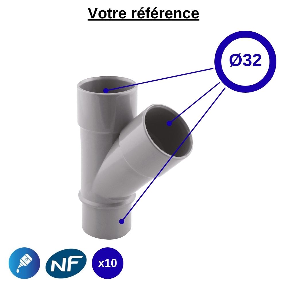 Lot de 10 culottes PVC 45° à coller, Ø32 - mâle-femelle-femelle, pour évacuation - Girpi