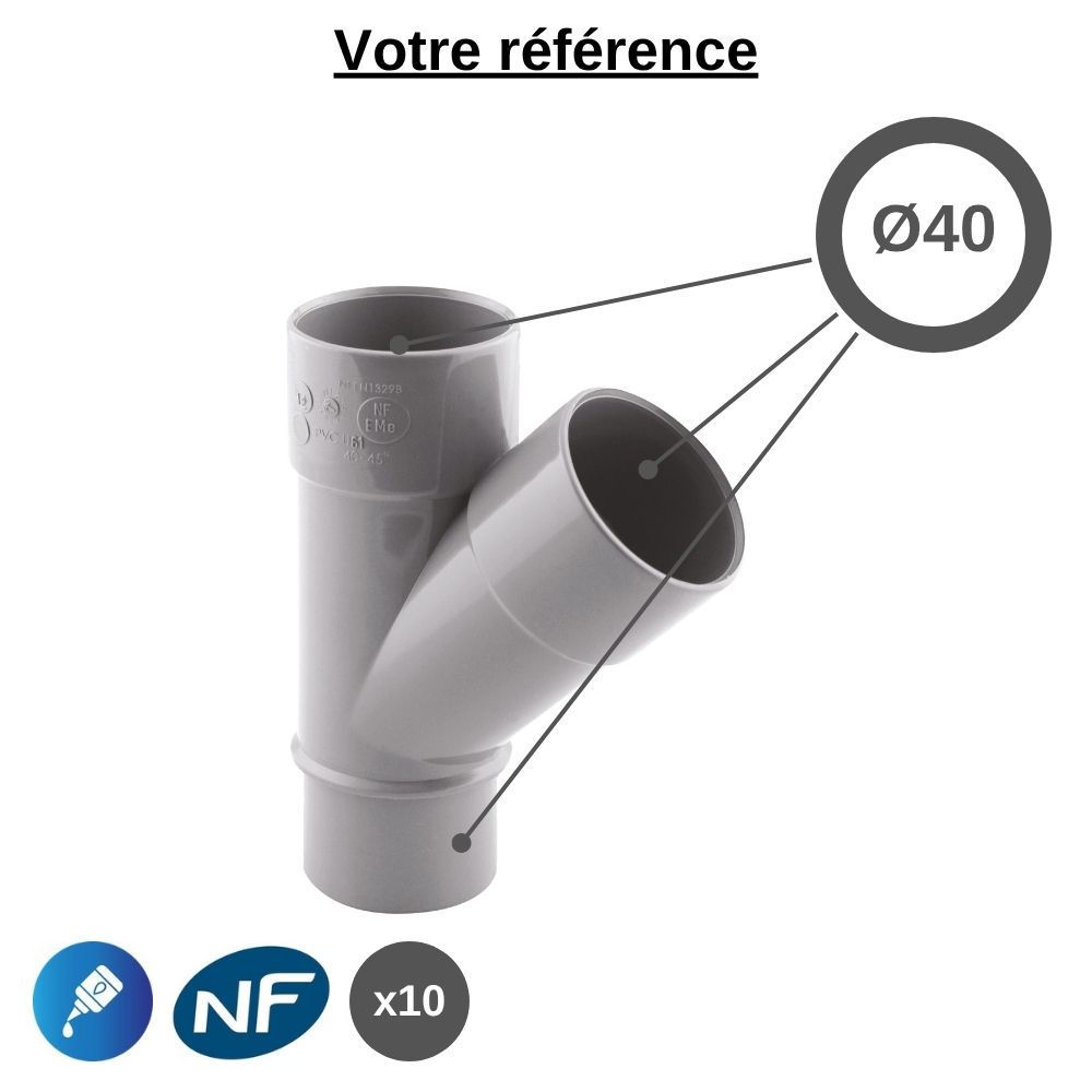 Lot de 10 culottes PVC 45° à coller, Ø40 - mâle-femelle-femelle, pour évacuation - Girpi