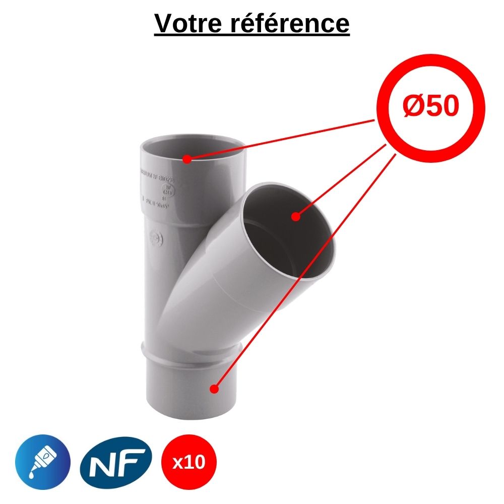 Lot de 10 culottes PVC 45° à coller, Ø50 - mâle-femelle-femelle, pour évacuation - Girpi