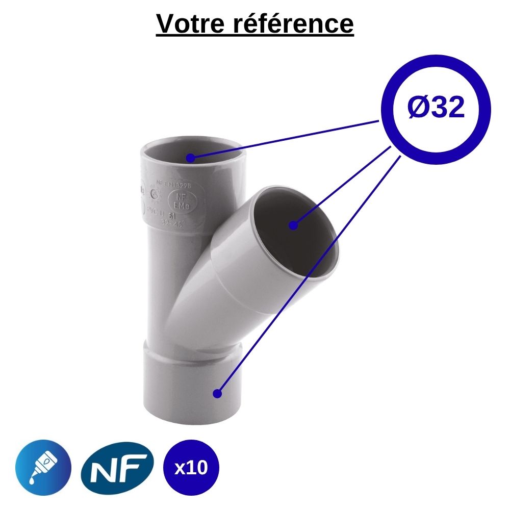 Lot de 10 culottes PVC 45° à coller, Ø32 - triple femelle, pour évacuation - Girpi