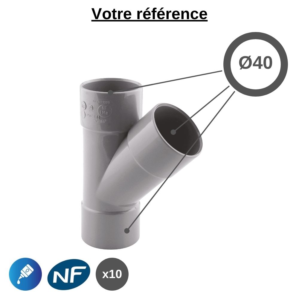 Lot de 10 culottes PVC 45° à coller, Ø40 - triple femelle, pour évacuation - Girpi