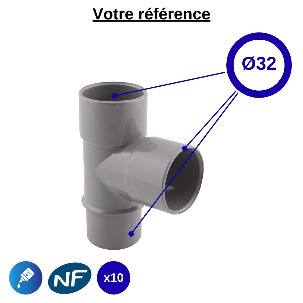 Lot de 10 tés PVC 87°30 à coller, Ø32 - mâle-femelle-femelle, pour évacuation - Girpi