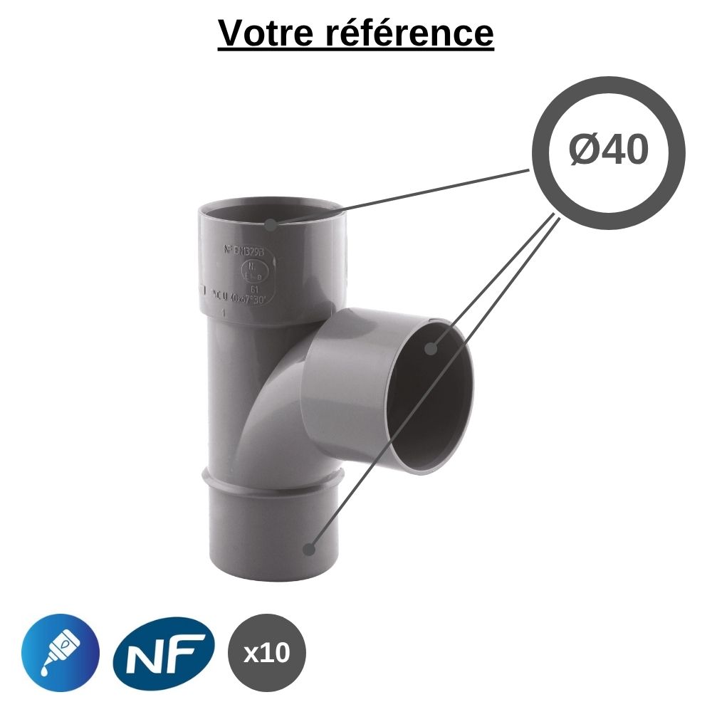 Lot de 10 tés PVC 87°30 à coller, Ø40 - mâle-femelle-femelle, pour évacuation - Girpi