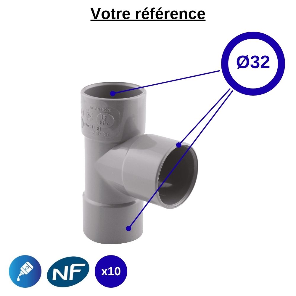 Lot de 10 tés PVC 87°30 à coller, Ø32 - triple femelle, pour évacuation - Girpi